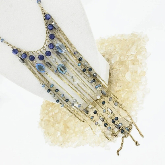 Fringe Waterfall Necklace Blue Beads w/ Gold Tone Metal Sexy - Picture 2 of 6